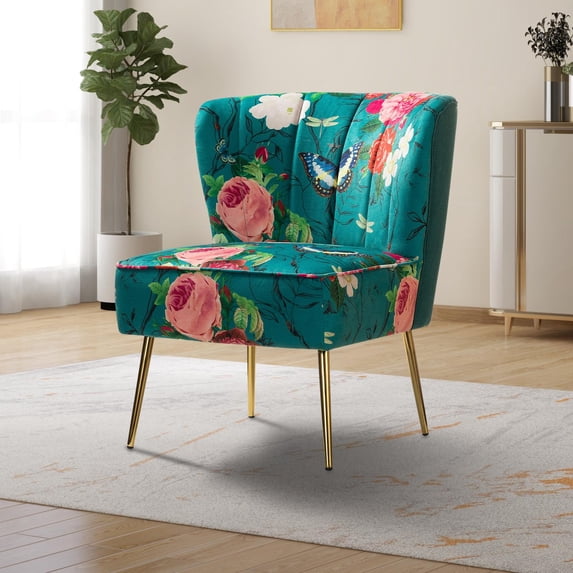 Accent Chair Slipper Upholstered Sofa Floral Golden Legs Home Living Room Bedroom Flower Butterfly Pattern Blue