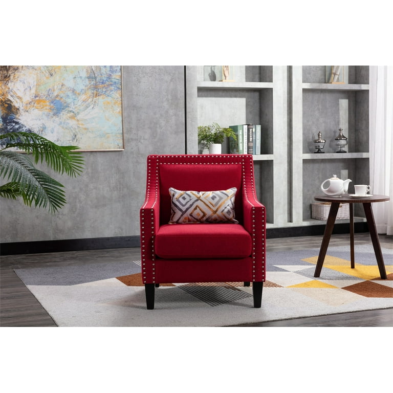 Accent Chair with Small Pillow, Tufted Button Upholstered Armchair with  Padded Cusion & Nailheads Trim, Single Sofa Chair Office Guest Chair for  Living Room Bedroom Home Office, Red 