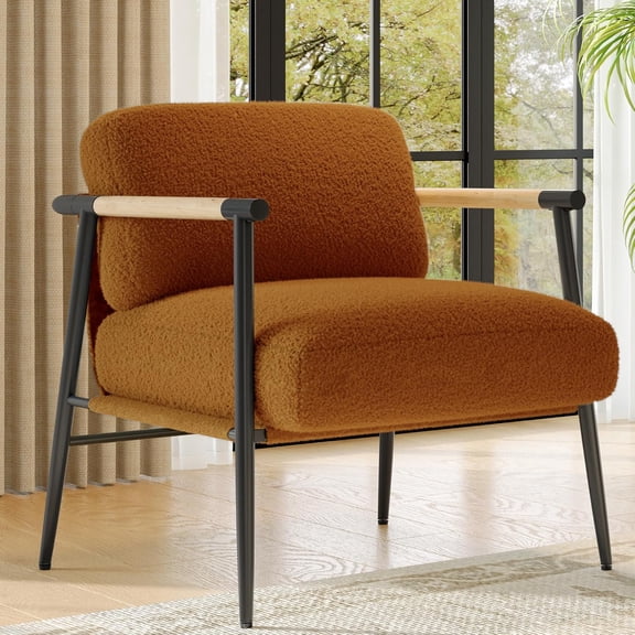 Accent Chair Spring Cushion Teddy Fabric 420G Wood Armrests 330 LBS - Reading Chair for Living Room Brown