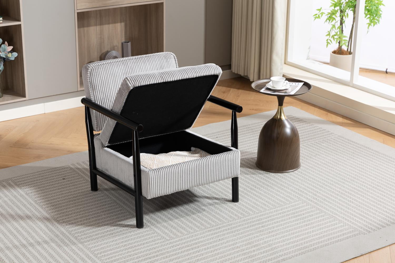 Accent Chair, Storage Chair, Modern Chair with Antique Grey Corduroy Upholstery Solid Wood Frame Waist Cushion Includes Hidden Storage Seat for Living Room, Antique Grey