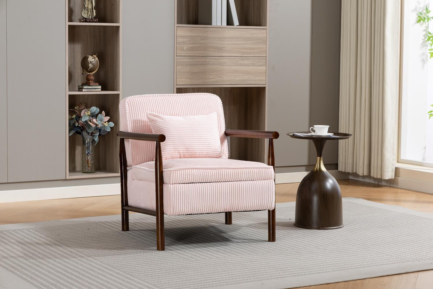 Accent Chair, Storage Chair, Modern Chair with Light Pink Corduroy Upholstery Solid Wood Frame Waist Cushion Includes Hidden Storage Seat for Living Room, Light Pink
