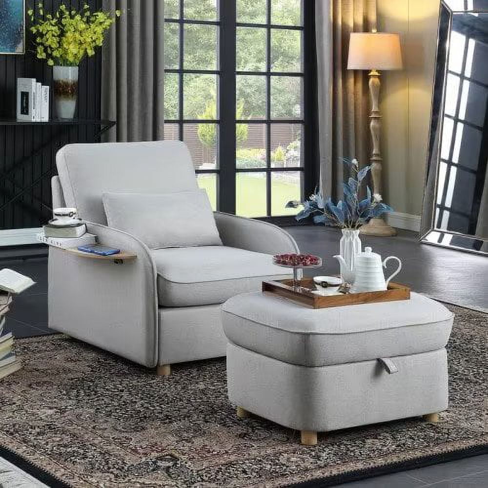Accent Chair with Storage Ottoman, Linen Armchair with Folding Side Table and Throw Pillow