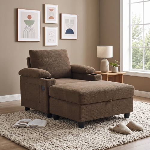 Accent Chair and Storage Ottoman Set, Convertible Single Chaise Lounge Sleeper Bed with Reclining Backrest, Dual Cup Holders, USB-C Ports, Side Storage Pocket, Coffee