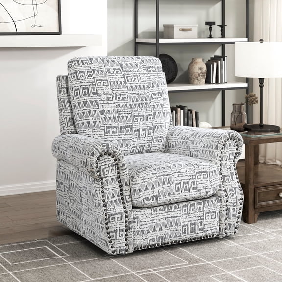 Accent Chair Swivel Motion Nailhead Trim Jacquard Fabric Geometric Pattern Plywood Furniture 1 pc, Grey White