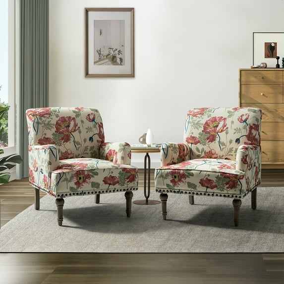 Accent Chair Upholstered Armchair Set of 2, Single Sofa Couch Lounge Seat Wooden Legs Nailhead Trim Bedroom Office Red