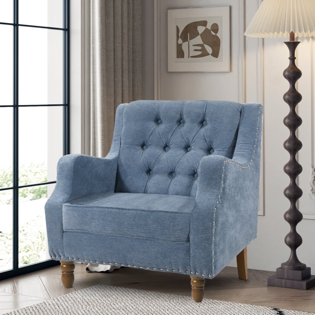 HUIMO Mid Century Modern Accent Chair - Upholstered Button Tufted Armchair, Linen Fabric, Lake Blue - For Living Room, Bedroom