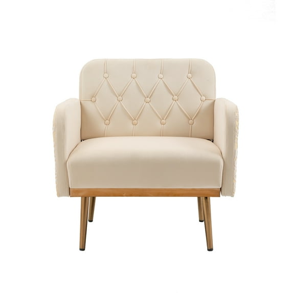 Accent Chair, Velvet Accent Chair with Arms and High Back, Modern Button Tufted Upholstered Armchair with Metal Legs Vintage Single Sofa Chair Chaise Lounge Chair Accent Chair for Living Room, Beige