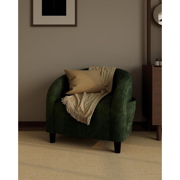 Accent Chair Velvet Club Chair Comfy Armrest Upholstered Barrel Chair with Soft Padded Seat for Living Room Bedroom Study Waiting Room(Retro Green)