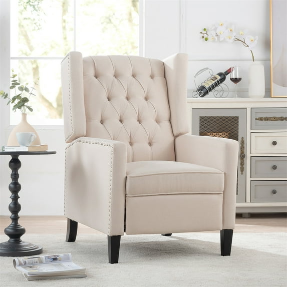 Accent Chair,Velvet Tufted Push Back Recliner Chair,Single Sofa Comfy Reclining Sofa Living Room Chair Wingback Arm Chair with Nailed Trim for Bedroom Home Theater Reception Area,Beige