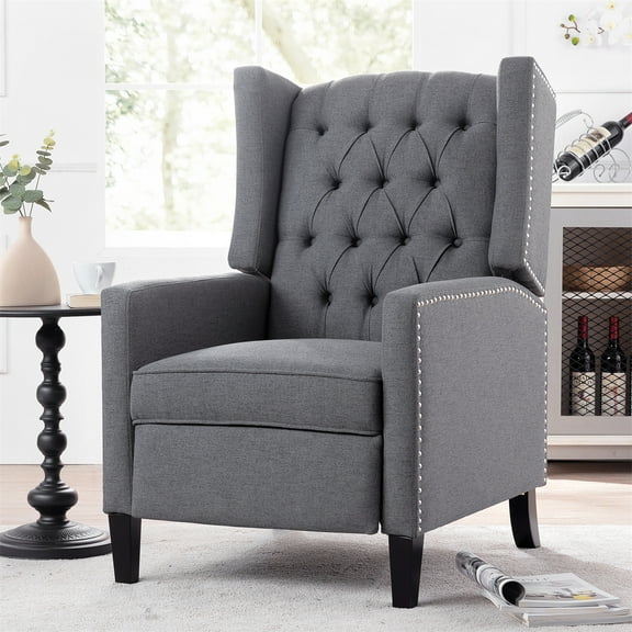 Accent Chair,Velvet Tufted Push Back Recliner Chair,Single Sofa Comfy Reclining Sofa Living Room Chair Wingback Arm Chair with Nailed Trim for Bedroom Home Theater Reception Area,Grey