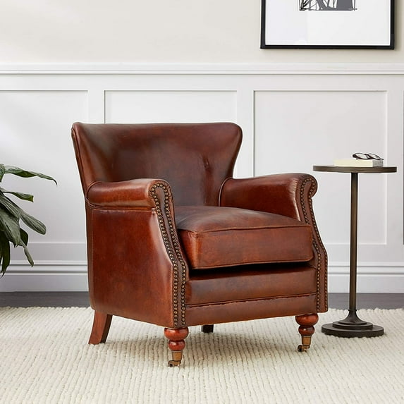 Accent Chair in Vintage Dark Brown Top Grain Leather, Upholstered Club Rolled Armrest Chair w/Metal Caster Front Leg and Wooden Back Leg, Lounge Single Sofa Chair for Living Room Bedroom Office