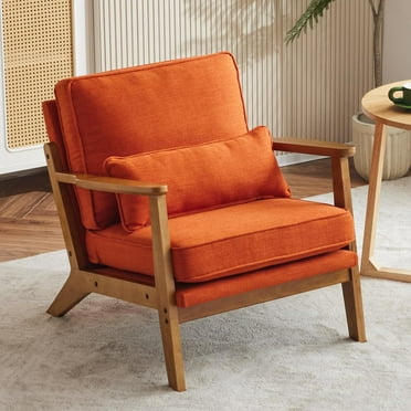 Accent Chair Wide Armrest Mid-Century Lounge Chair Linen Fabric Armchair with Lumbar Pillow & Solid Wood Frame for Living Room, Bedroom, Balcony, Burnt Orange