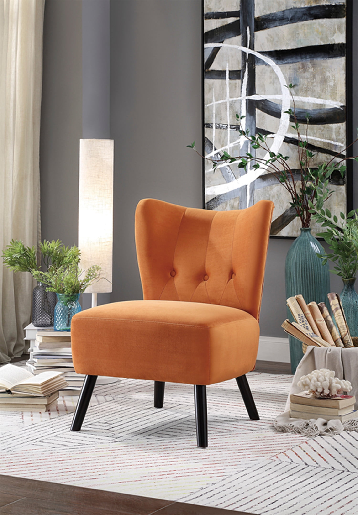 Accent Chair Wingback Accent Chair with Arms and Curved High Back Modern Velvet Tufted Button Upholstered Armchair with Wooden Legs Leisure Single Sofa Chair Lounge Chair for Living Room Orange Walmar...