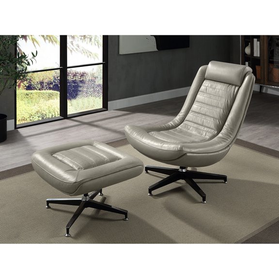 Accent Chair and Ottoman Set | 360 Degree Swivel Feature | Top Grain Leather and Metal Base | Handles Frequent Movement