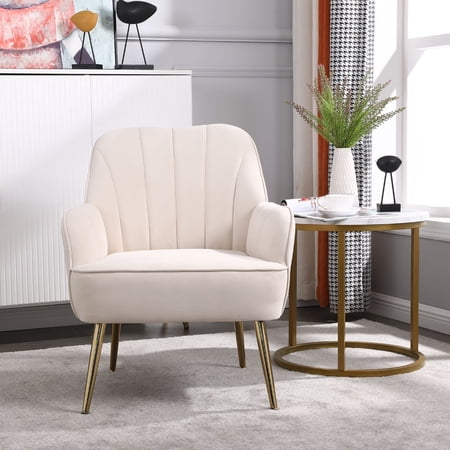 Accent Chair with Metal Gold Legs Velvet Upholstered Arm Club Leisure Modern Chair for Living Room Bedroom Patio,Beige