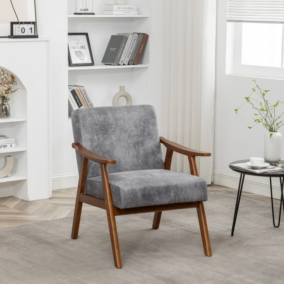 Accent Chair with Microfiber Upholstery and Solid Wood Frame, Mid-Century Modern Style, Grey