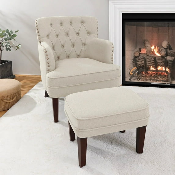 Accent Chair with Ottoman,28.4'' Wide Tufted Armchair and Ottoman for Bedroom Living Room, Beige 1 chair & 1 ottoman