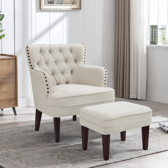 Accent Chair with Ottoman, Button Tufted Armchair for Bedroom Living Room(Beige)