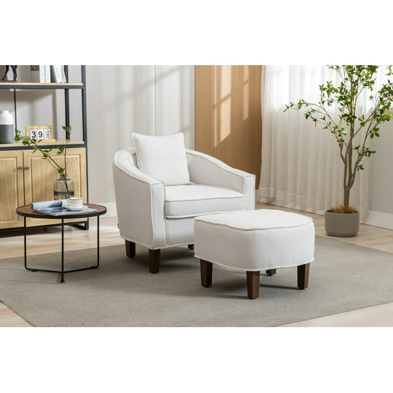 Accent Chair with Ottoman, Modern Barrel Chair Upholstered Round Arms Chair with Throw Pillow for Living Room Club Bedroom, Beige
