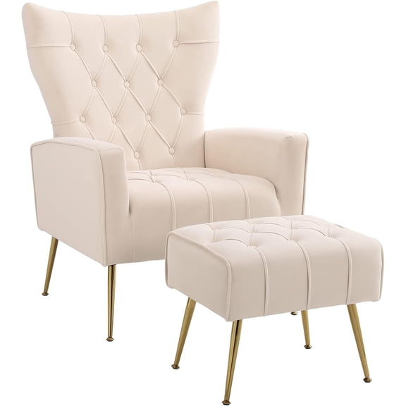 Accent Chair with Ottoman, Side Armchair Tufted Wingback Single Sofa for Living Room Office, Beige
