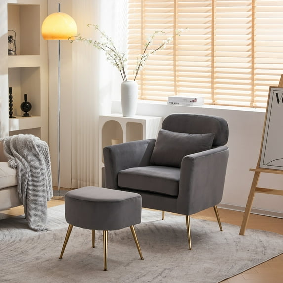 Accent Chair with Ottoman, Upholstered Arm Chair with Metal Legs and Lumbar Pillow, Teddy Fabric Single Sofa Chair for Bedroom, Reception Room, Gray