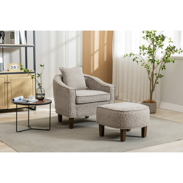 Accent Chair with Ottoman,Upholstered Reading Chair with Wooden Legs