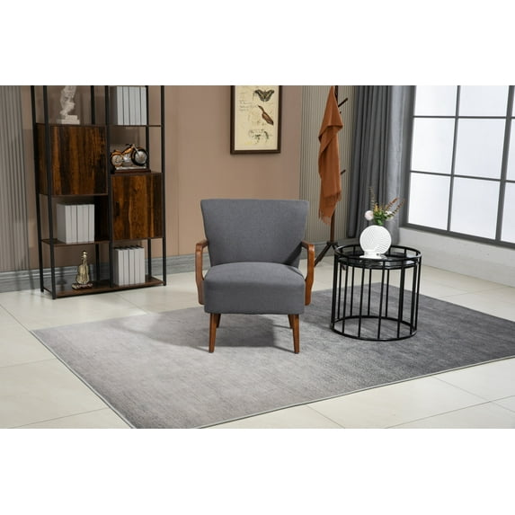 Accent Chair with Square Armrests, Modern Linen Lounge Chair with Wood Legs, Comfy Armchair for Living Room Bedroom Apartment, Dark Gray
