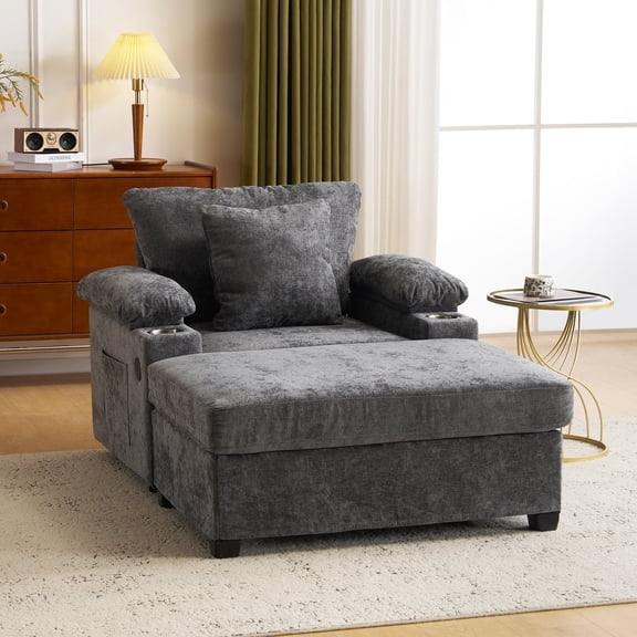 Accent Chair with Storage Ottoman Bench and Cup Holders, Sofa Chair with USB/C-Type Ports, Dark Gray