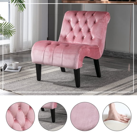 Accent Chairs COOLMORE Modern Velvet Armless Accent Living Room Chair / Leisure Chair,Upholstered Fabric Button Comfortable Chair with Wooden Legs for Bedroom, Living Room, Office (Pink Velvet),Fabri