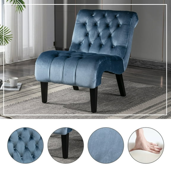 Accent Chairs COOLMORE Modern Velvet Armless Accent Living Room Chair / Leisure Chair,Upholstered Fabric Button Comfortable Chair with Wooden Legs for Bedroom, Living Room, Office (Light Blue Velvet)