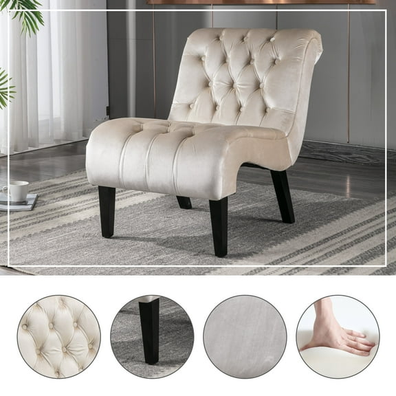 Accent Chairs COOLMORE Modern Velvet Armless Accent Living Room Chair / Leisure Chair,Upholstered Fabric Button Comfortable Chair with Wooden Legs for Bedroom, Living Room, Office (Beige Velvet),Fabr