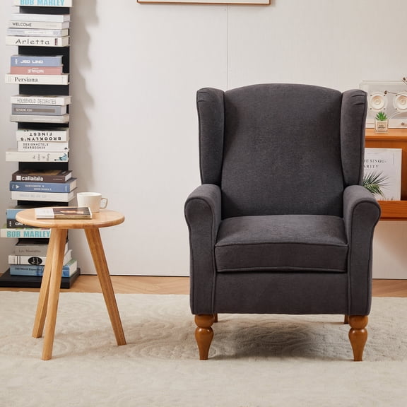 Accent Chairs Coffee Table & Armchair Set,Vintage Luxury Style, a high-back reading chair (Antique Dark Grey) & a solid wood coffee table (Natural Wood) , suitable for living rooms and bedroom rela