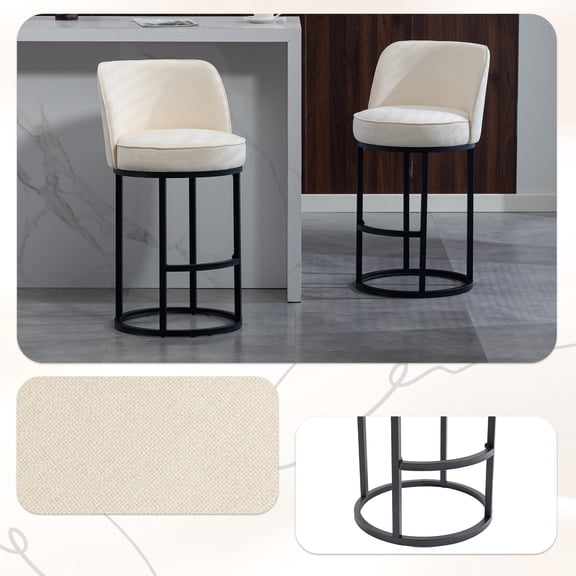Accent Chairs Counter Height Bar Stools Set of 2, Modern Barrel Counter Stools with Backrest, Linen Fabric Upholstered Accent Bar Stools for Kitchen Island,Fabric Accent Chairs