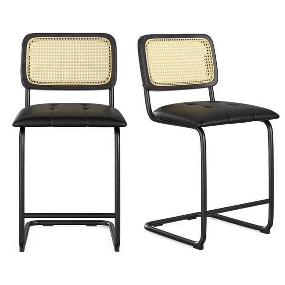 Accent Chairs Farini Counter Height Bar Stools Set of 2, Upholstered PU Leather Barstools with Rattan Back, 24 inch Stools Armless Bar Chairs for Kitchen Island,Fabric Accent Chairs