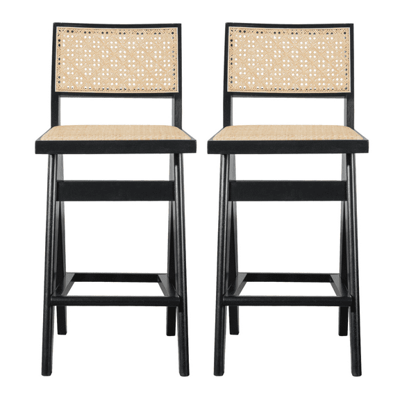 Accent Chairs Keira Mid-Century Rattan Bar Stool Set of 2 with Leather Seat in Black 27.4In,Fabric Accent Chairs