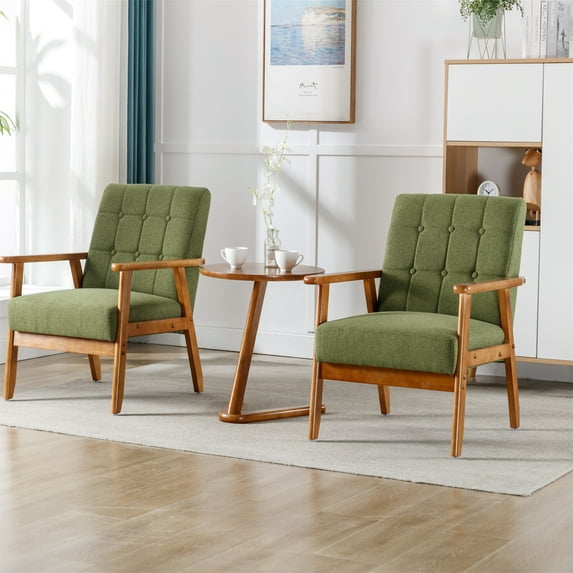 Accent Chairs Set of 2, Leisure Chair with Side Table, Mid Century Modern Accent Chair, Wood and Fabric Armchairs Side Chair, Lounge Reading Comfy Arm Chair for Living Room, Bedroom, Office, Green