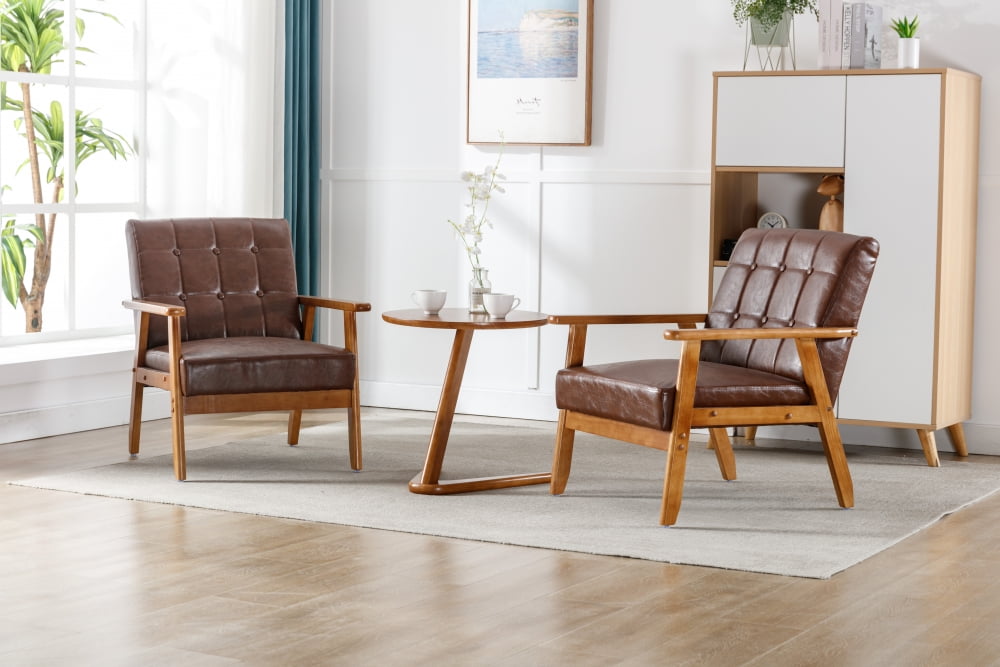Mid-Century Brown Leather Accent Chair Set with Wood Frame