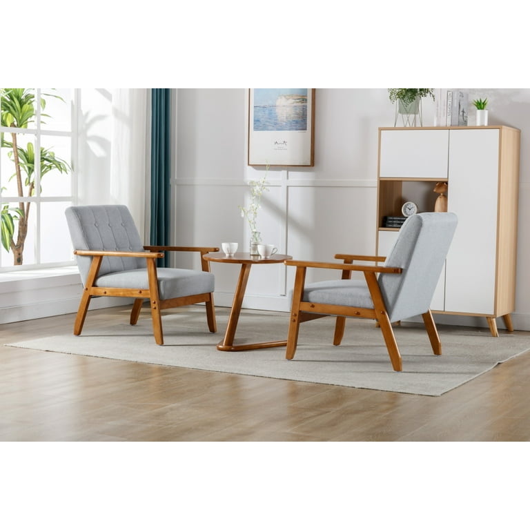 Accent Chairs Set of 2 with Side Table Mid Century Accent Chair Upholstered Armchair Side Chair with Wood Frame and Padded Cushion Comfy Lounge Reading Arm Chair for Living Room Bedroom Light Gray Wal...