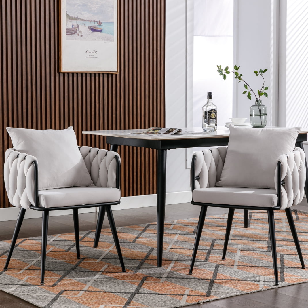 Accent Chairs Set of 2, Velvet Barrel Club Chair Hand Weaving Armchair with Black Metal Legs, Upholstered Dining Chairs Leisure Single Sofa for Living Room Bedroom Office Kitchen Vanity Room, Ivory