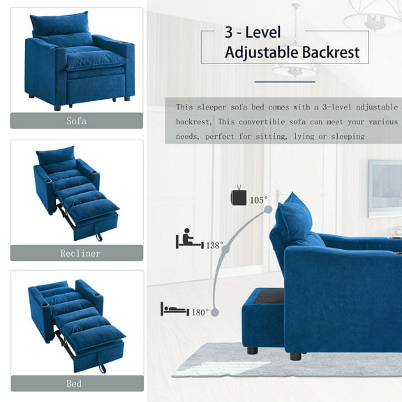 Accent Chairs Sleeper Sofa Chair Bed, Convertible Sofa Chair 3-in-1, Adjustable Sleeper Chair Pullout Sofa Bed with Modern Velvet Fabric for Living Room Apartment Small Space, Blue,Fabric Accent Chai