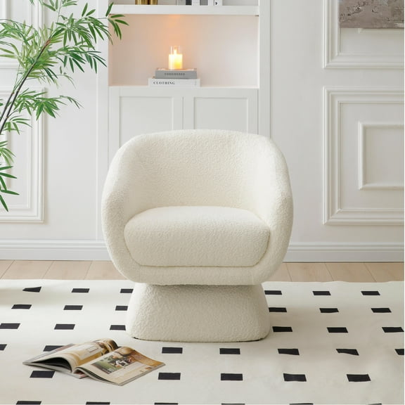 Accent Chairs White Boucle swivel Chair, Solid Wood Frame, Modern Leisure Armchair, Ideal for Living Room & Bedroom,Fabric Accent Chairs