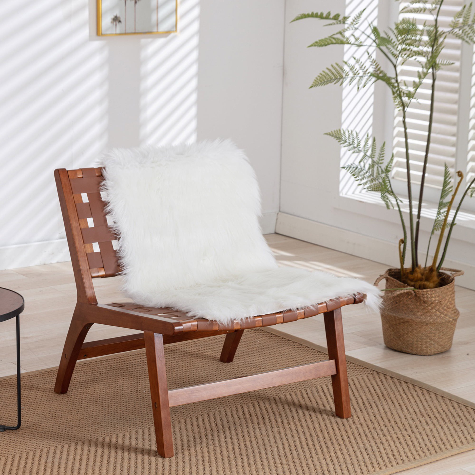 Accent Chairs Wood Frame Lounge Chair with Woven Leather Cane Strap and White Faux Fur Sheepskin