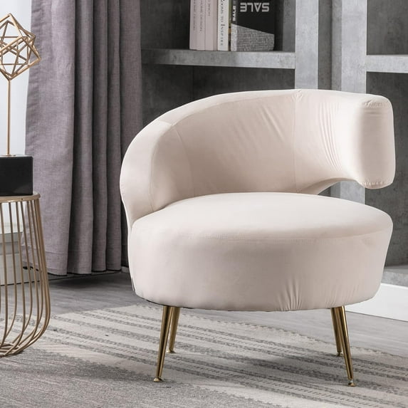 Accent Chairs for Living Room Barrel Velvet Accent Chair with Golden feet for Bedroom, Modern Club Chair (Beige White Right)