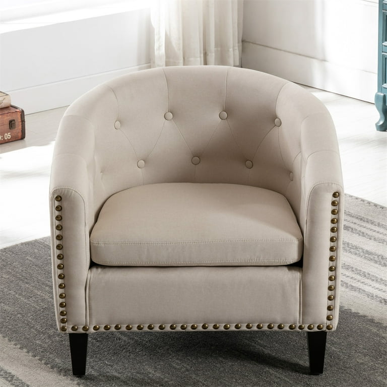 Accent Club Barrel Chair Upholstered Tub Chair Linen Fabric Tufted