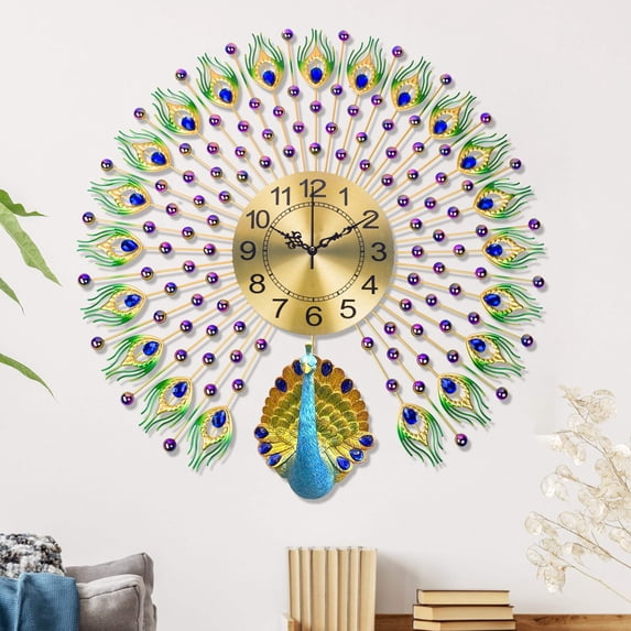 Large Peacock Wall Clock, Metal Silent Wall Clock, Large Indoor Wall Art for Living Room, Home Decor 28 inch 70 cm