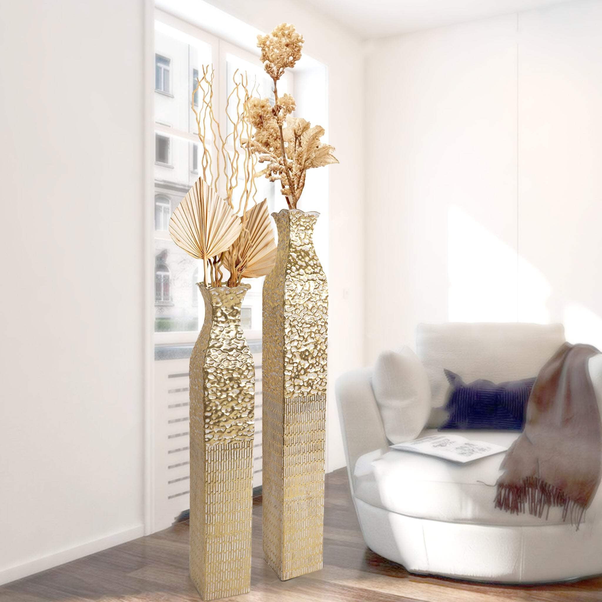 2 Piece Tall Vases, Gold Metal Decorative Floor Vases, Indoor Decor for ...