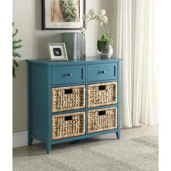 Accent Console Cabinet with 6 Drawers, Distressed Storage Cabinet with Wood Frame and Rattan Door for Entryway Living Room, Teal