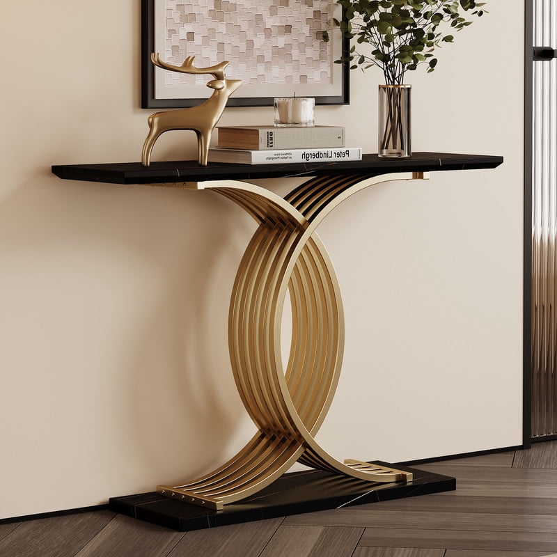 Accent Console Sofa Table with Gold Intertwined Crossed Metal Base, Entryway Display Side Table with Faux Marbling Top