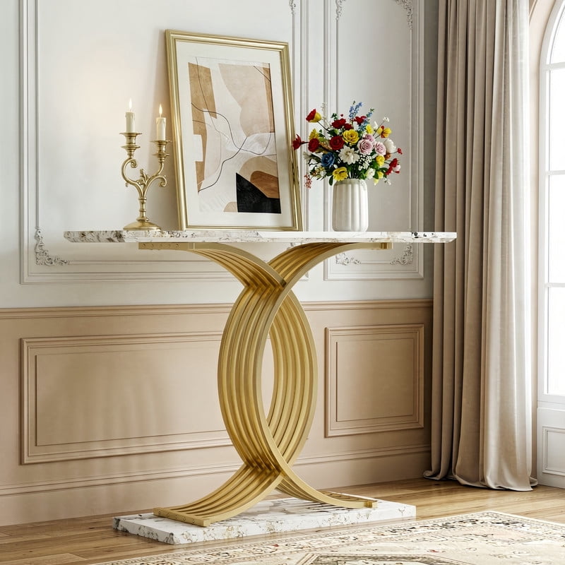 Accent Console Sofa Table with Gold Intertwined Crossed Metal Base, Entryway Display Side Table with Faux Marbling Top
