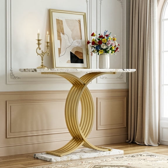 Accent Console Sofa Table with Gold Intertwined Crossed Metal Base, Entryway Display Side Table with Faux Marbling Top